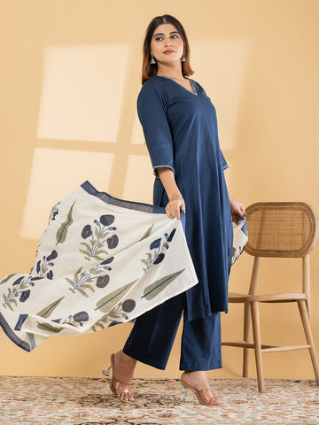 Midnight Blue Solid Straight Kurta Set with Block Print Kota Doria Dupatta product video