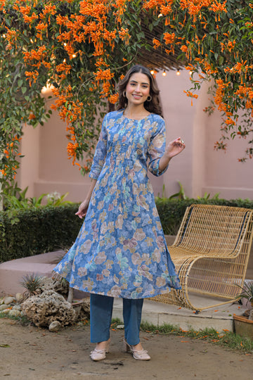 Powder Blue With Front Pleats Kurta Set