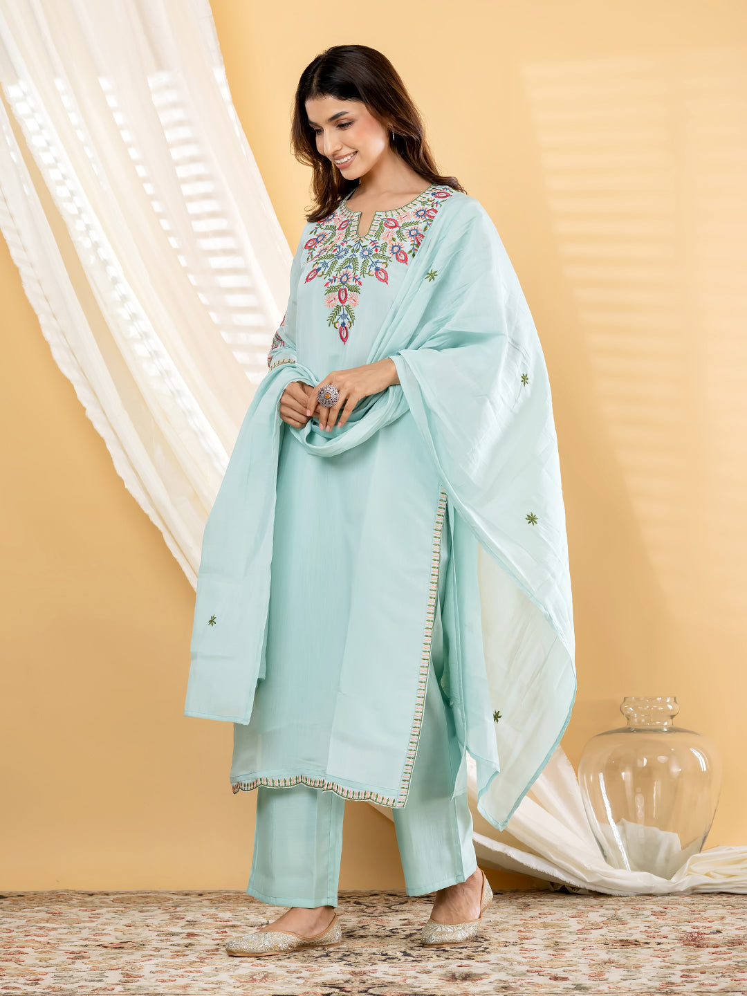 Aqua Blue Yoke Embroidered Kurta Pant Dupatta Set - 7