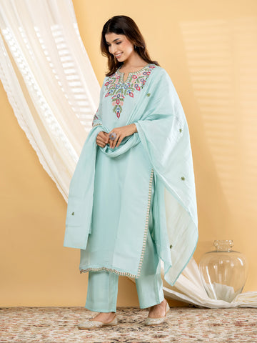 Aqua Blue Yoke Embroidered Kurta Pant Dupatta Set product video