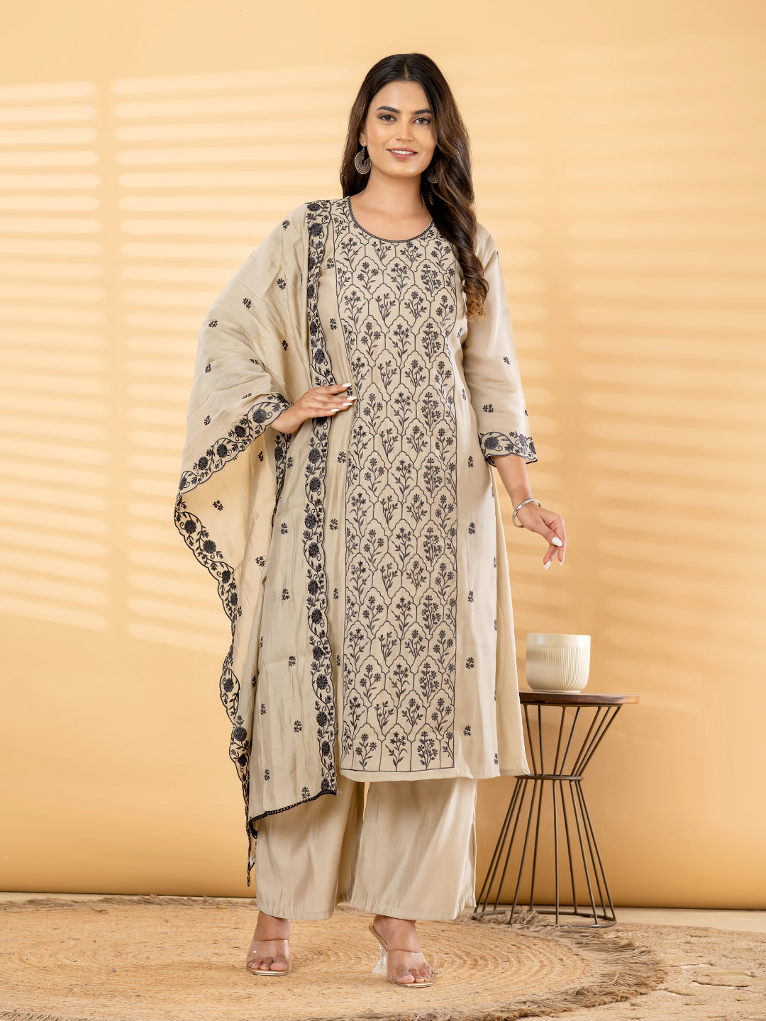 Beige Black Embroidered A-Line Kurta Set With Dupatta