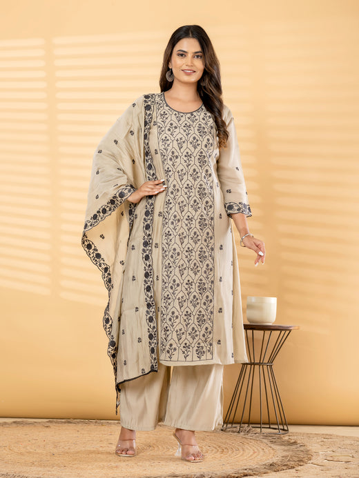 Beige Black Embroidered A-Line Kurta Set With Dupatta
