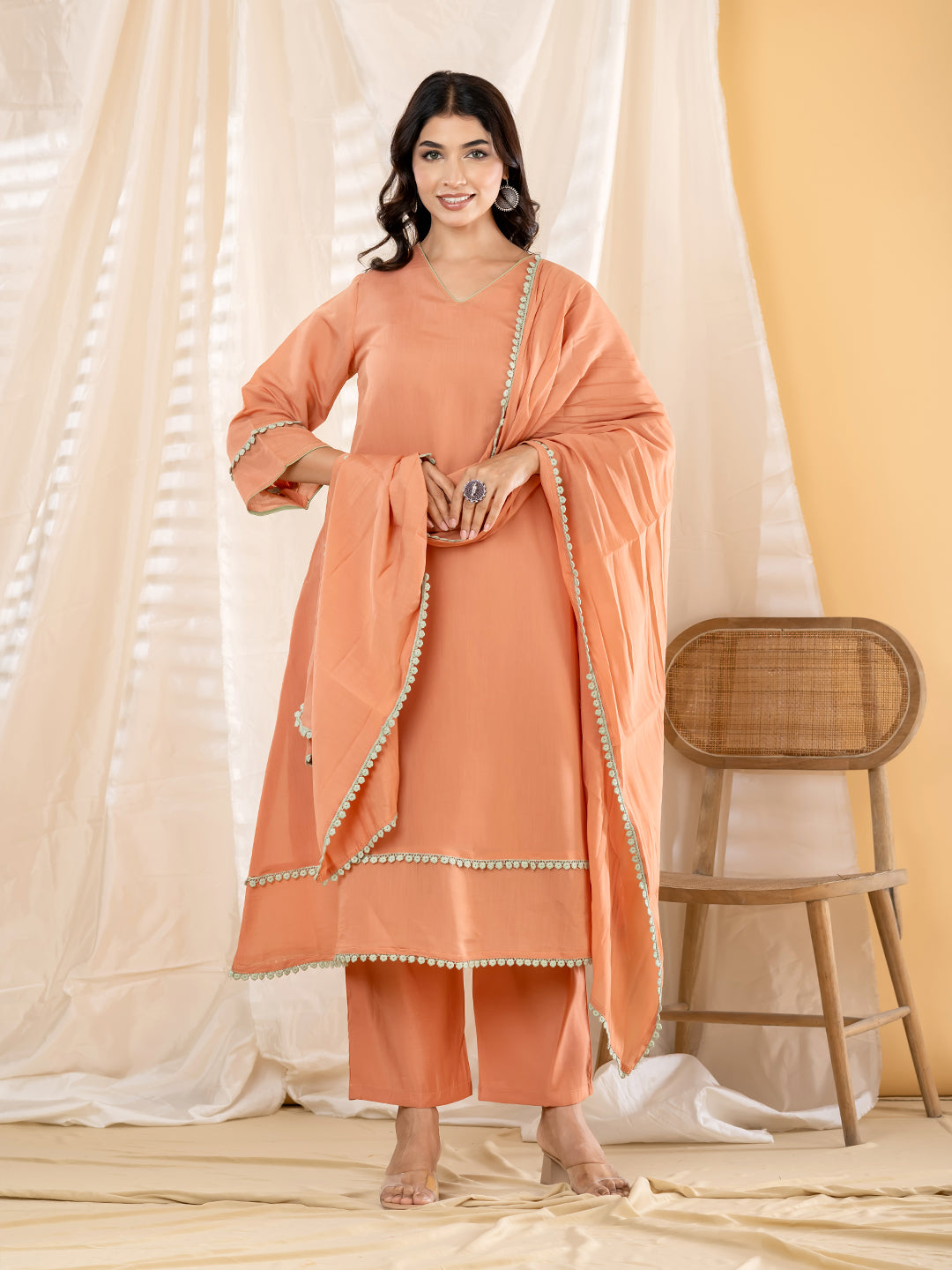 Rust Orange A-Line Kurta Pant Dupatta Set - 5