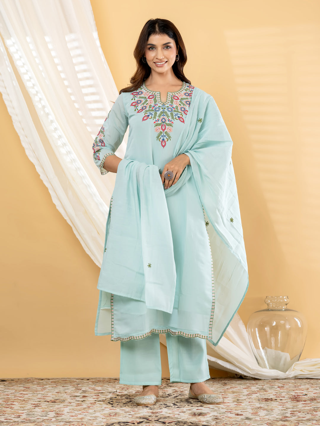 Aqua Blue Yoke Embroidered Kurta Pant Dupatta Set - 5