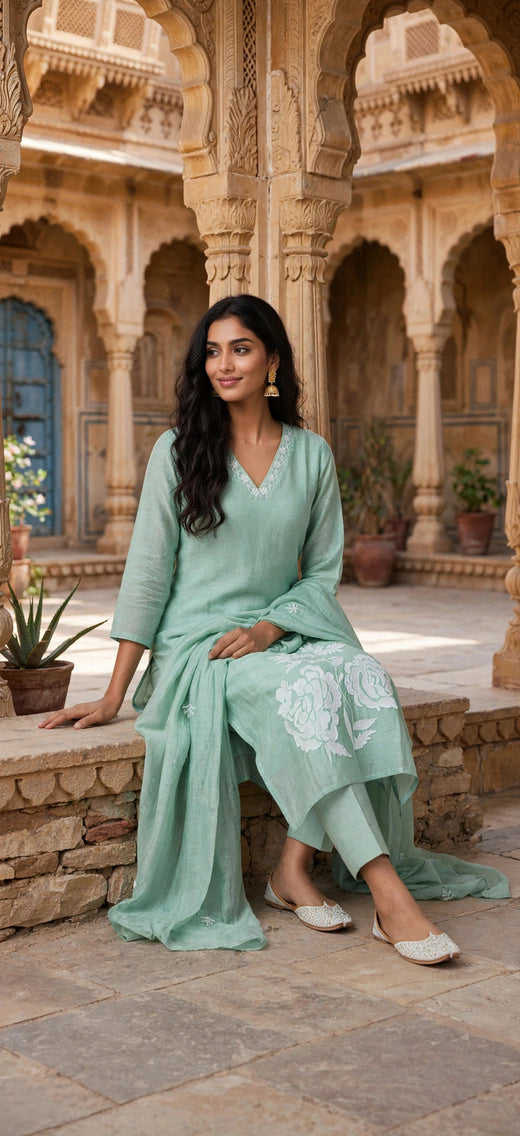 Mint Green Merchantry Kurta Set with White Rose Embroidery