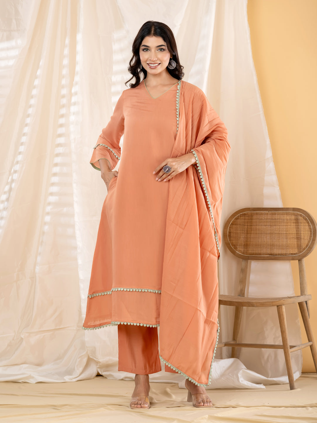 Rust Orange A-Line Kurta Pant Dupatta Set - 1