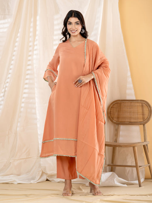 Rust Orange A-Line Kurta Pant Dupatta Set
