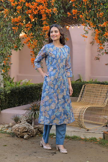Powder Blue With Front Pleats Kurta Set