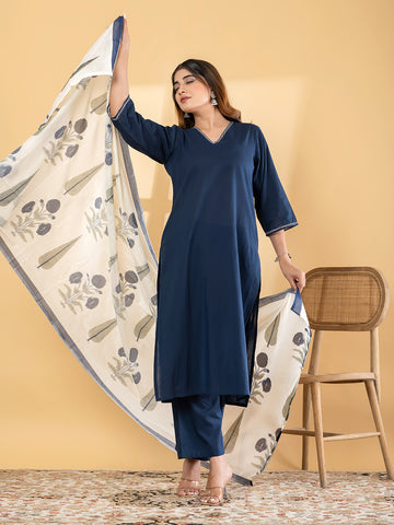 Midnight Blue Solid Straight Kurta Set with Block Print Kota Doria Dupatta product video