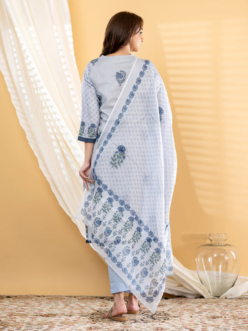 Powder Blue Mughal Buta Print Kurta Set With Dupatta product video