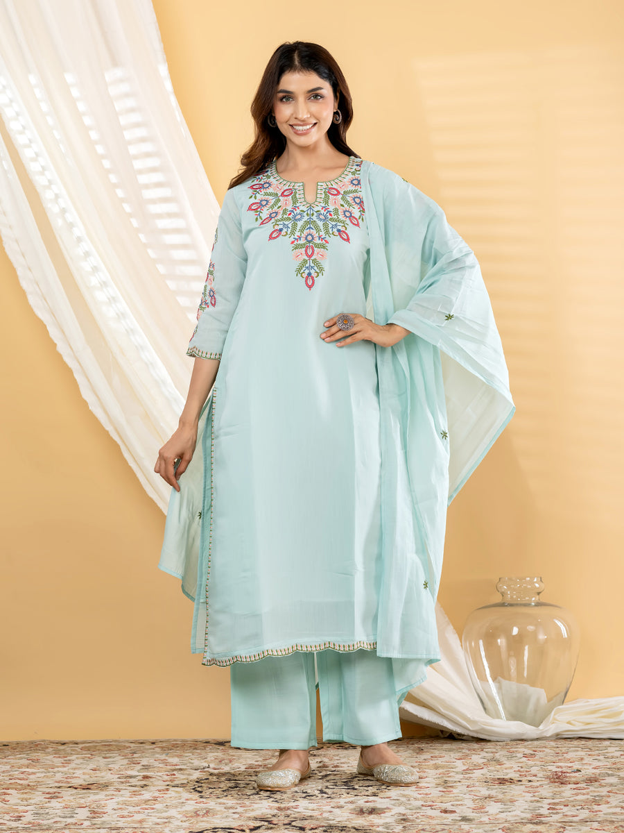Aqua Blue Yoke Embroidered Kurta Pant Dupatta Set