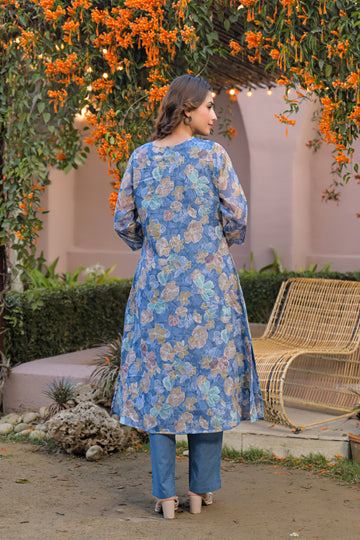 Powder Blue With Front Pleats Kurta Set
