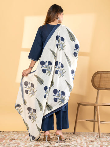 Midnight Blue Solid Straight Kurta Set with Block Print Kota Doria Dupatta product video