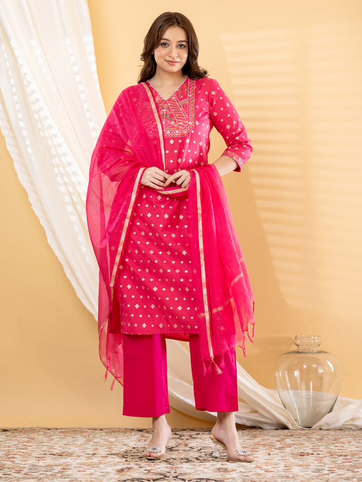 Fuchsia Pink Embroidered Straight Kurta Set