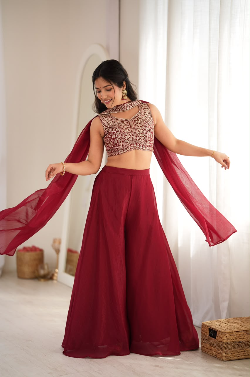 Maroon Embroidered Crop Top Sharara Set