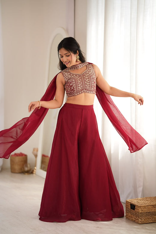 Maroon Embroidered Crop Top Sharara Set